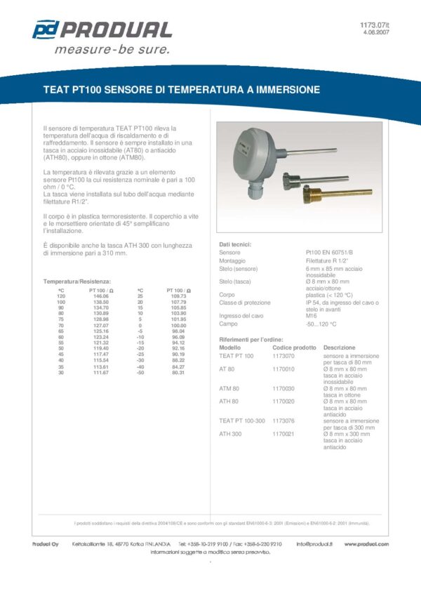 TEAT PT 100-050 PT 100 SENSORE TEMP. A IMMERSIONE - immagine 2