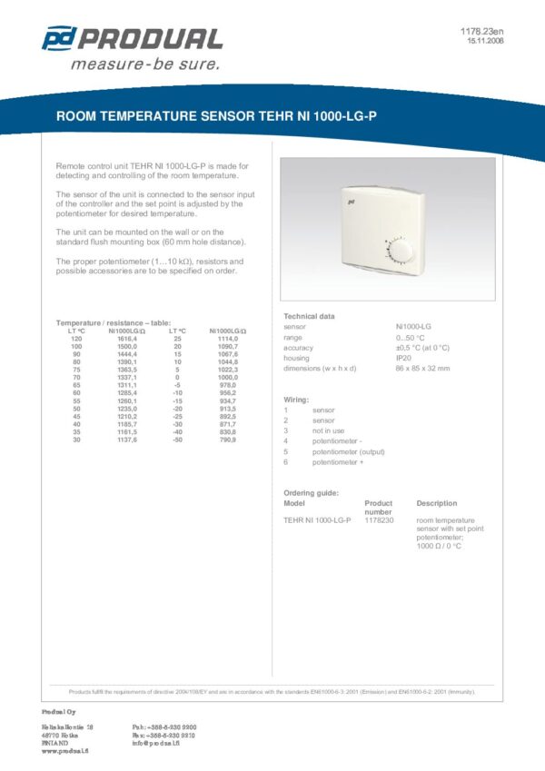 TEHR NI 1000-LG-P L&S NI1000 SENSORE TEMP. AMB. + POT. - immagine 2