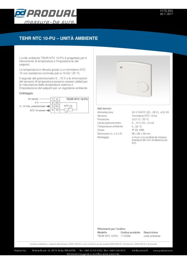TEHR NTC 10-PU NTC 10 SENSORE TEMP. AMB. CON POT. 0-10V - immagine 2