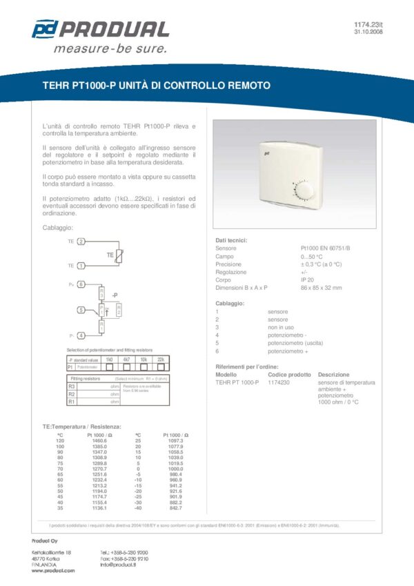 TEHR PT 1000-P PT 1000 SENSORE TEMP. AMB. CON POT. - immagine 2