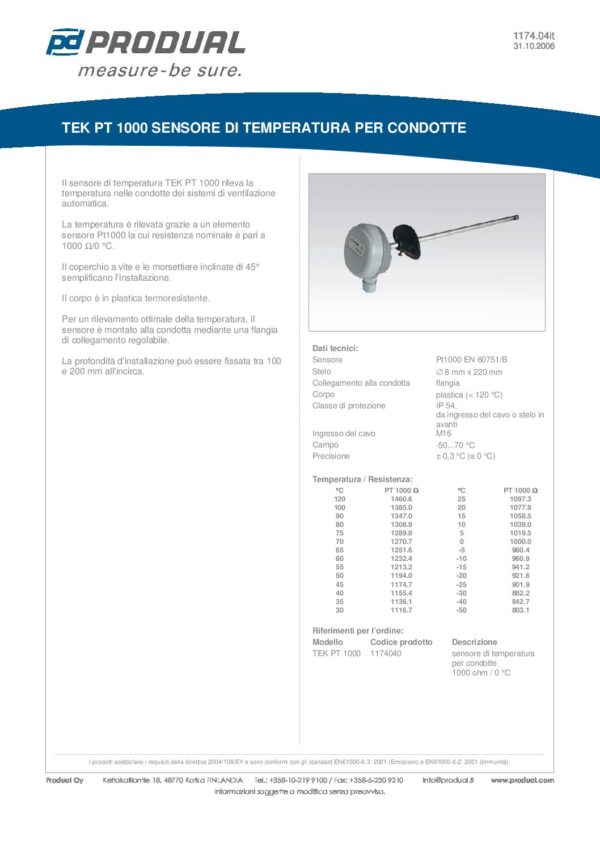 TEK PT 1000-500 PT 1000 SENSORE TEMP. CONDOTTA - immagine 2