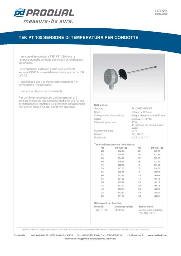 TEK PT 100 SENSORE PT 100 TEMP. PER CONDOTTA - immagine 2