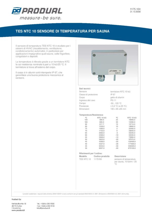 TES NTC 10 NTC 10 SENSORE TEMP. SAUNA  IP67 - immagine 2