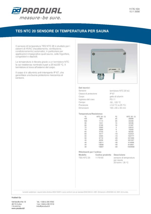 TES NTC 20 NTC 20 SENSORE TEMP. SAUNA  IP67 - immagine 2