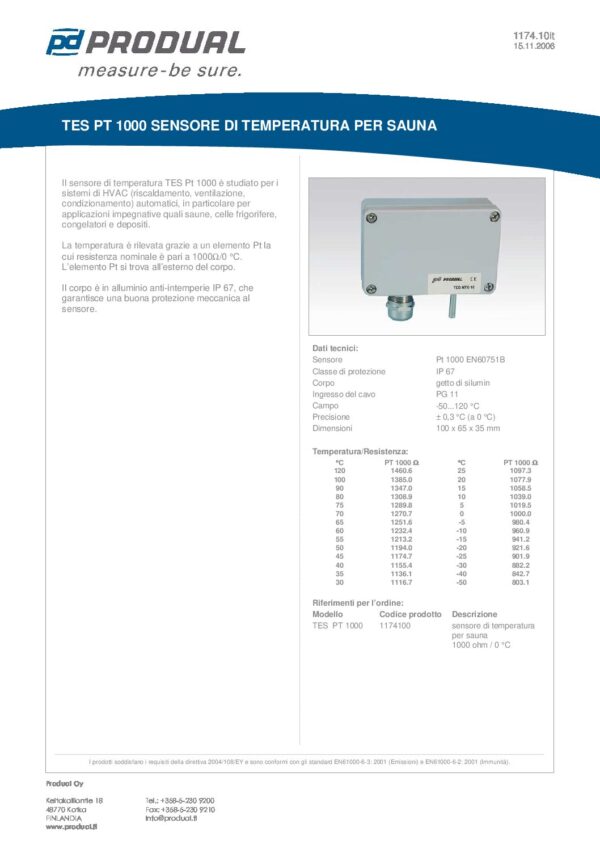 TES PT 1000 PT 1000 SENSORE TEMP. SAUNA  IP67 - immagine 2