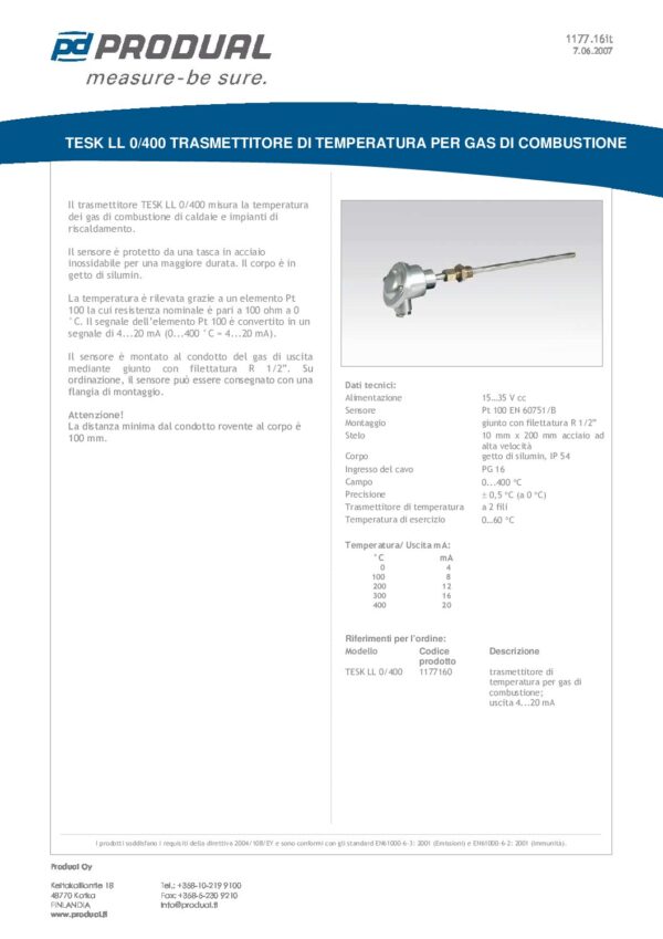 TESK LL 0/400 TRASM. TEMP. GAS COMBUSTIONE 0..400ø - immagine 2