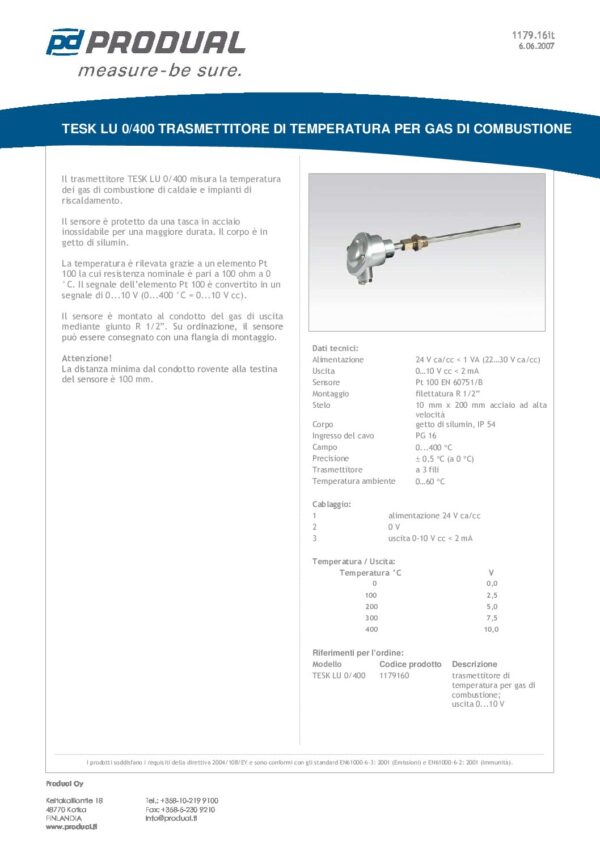 TESK LU 0/400 0-10 V TRASM. TEMP. GAS DI COMBUSTIONE - immagine 2