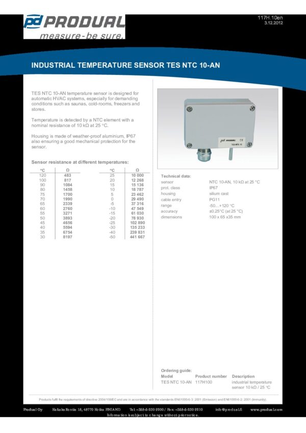 TES NTC 10-AN NTC 10-AN SENSORE TEMP. SAUNA  IP67 - immagine 2