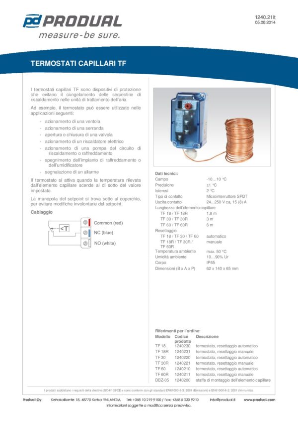 TF 30R TERMOSTATO A CAPILLARE 3 m, reset manuale - immagine 2