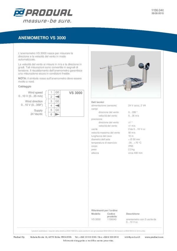 VS 3000 SENSORE VELOCITA'/DIREZ. VENTO 24VAC / DC,  0...10V - immagine 2
