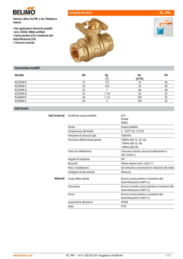 R215PW-N Valvola a sfera On/Off, 2-vie, DN 15, Filettatura interna, Rp 1/2", PN 40, ps 1000 kPa, kvs 16 m³/h, Temperatura del fluido 5...100°C [41..212°F] - immagine 2