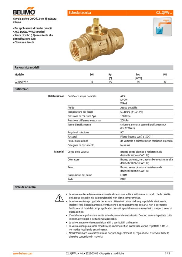 C215QPW-N Valvola a sfera On/Off, 2-vie, DN 15, Filettatura interna, Rp 1/2", PN 40, ps 1000 kPa, kvs 16 m³/h, Temperatura del fluido 5...100°C [41..212°F] - immagine 2