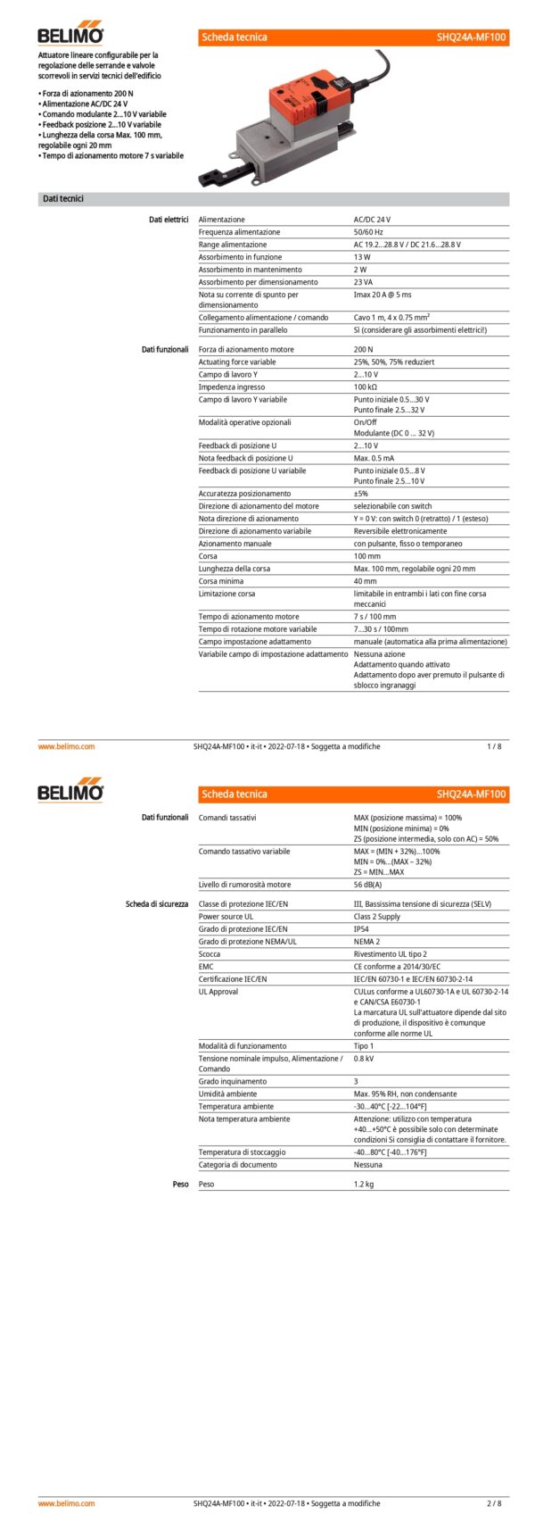 SHQ24A-MF100 Attuatore Lineare, 200 N, AC/DC 24 V, MFT, 2...10 V, 7 s, Corsa 100 mm, IP54 - immagine 2
