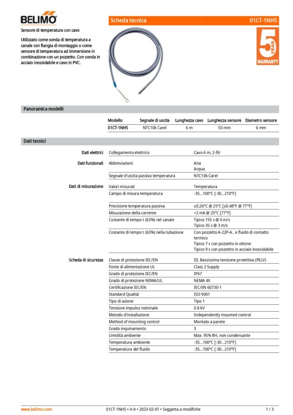 01CT-1NH5 Sensore di temperatura con cavo passivo, NTC10k Carel, Lunghezza sensore 50 mm, Diametro sensore 6 mm, Cavo 6 m, 2-fili - immagine 2