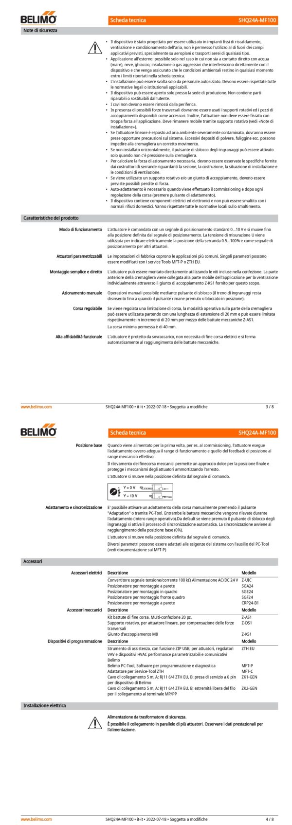 SHQ24A-MF100 Attuatore Lineare, 200 N, AC/DC 24 V, MFT, 2...10 V, 7 s, Corsa 100 mm, IP54 - immagine 3
