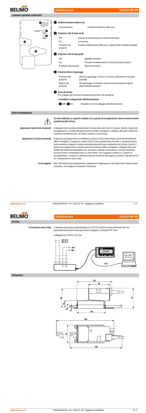 SHQ24A-MF100 Attuatore Lineare, 200 N, AC/DC 24 V, MFT, 2...10 V, 7 s, Corsa 100 mm, IP54 - immagine 5