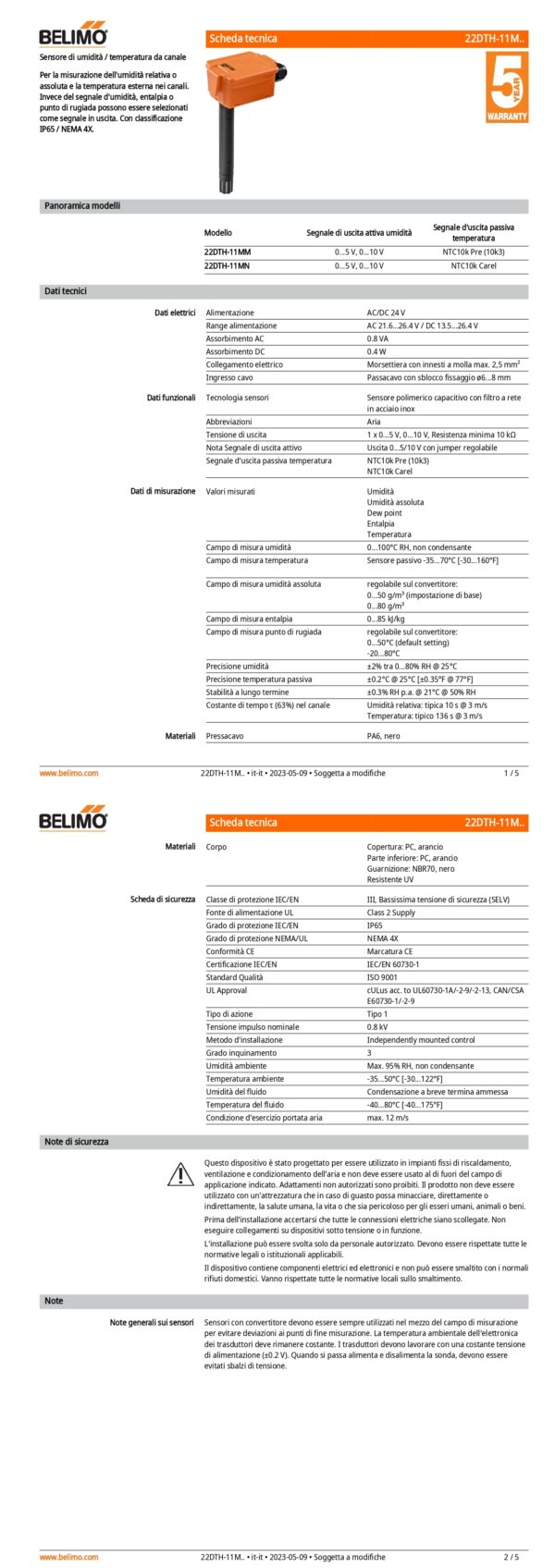 22DTH-11MM Sensore di umidità / temperatura da canale attivo, 0...5 V, 0...10 V, NTC10k Pre (10k3) (passivo), Lunghezza sensore 140 mm, Diametro sensore 19.5 mm - immagine 2