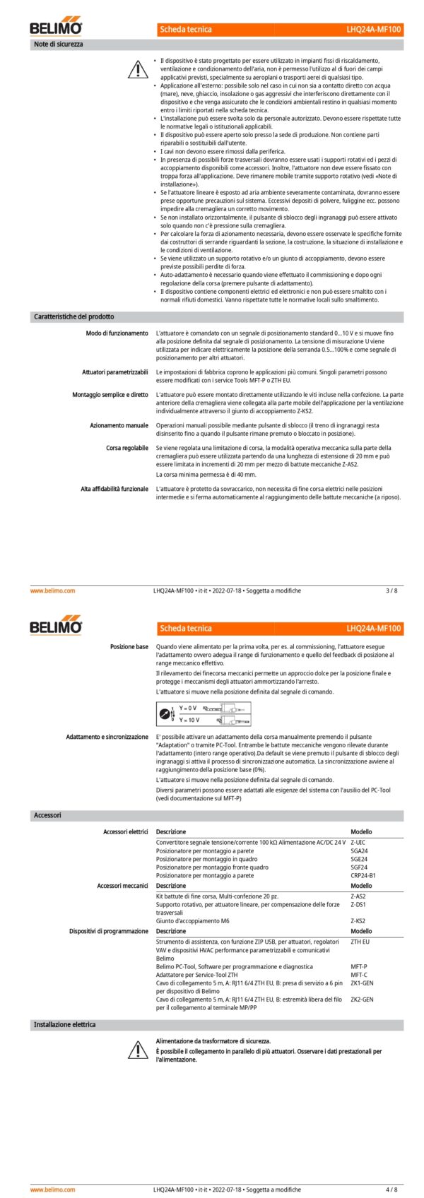 LHQ24A-MF100 Attuatore Lineare, 100 N, AC/DC 24 V, MFT, 2...10 V, 3.5 s, Corsa 100 mm, IP54 - immagine 3