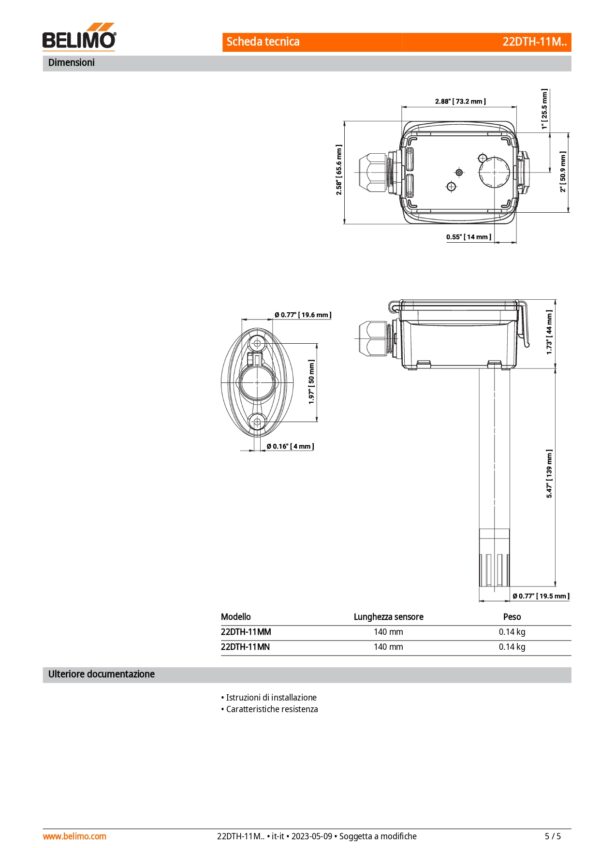 22DTH-11MM Sensore di umidità / temperatura da canale attivo, 0...5 V, 0...10 V, NTC10k Pre (10k3) (passivo), Lunghezza sensore 140 mm, Diametro sensore 19.5 mm - immagine 4