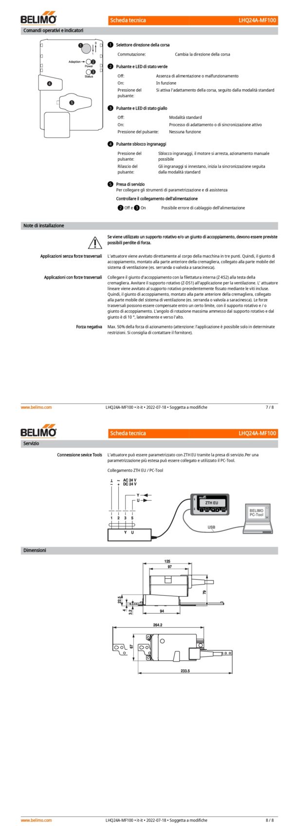 LHQ24A-MF100 Attuatore Lineare, 100 N, AC/DC 24 V, MFT, 2...10 V, 3.5 s, Corsa 100 mm, IP54 - immagine 5