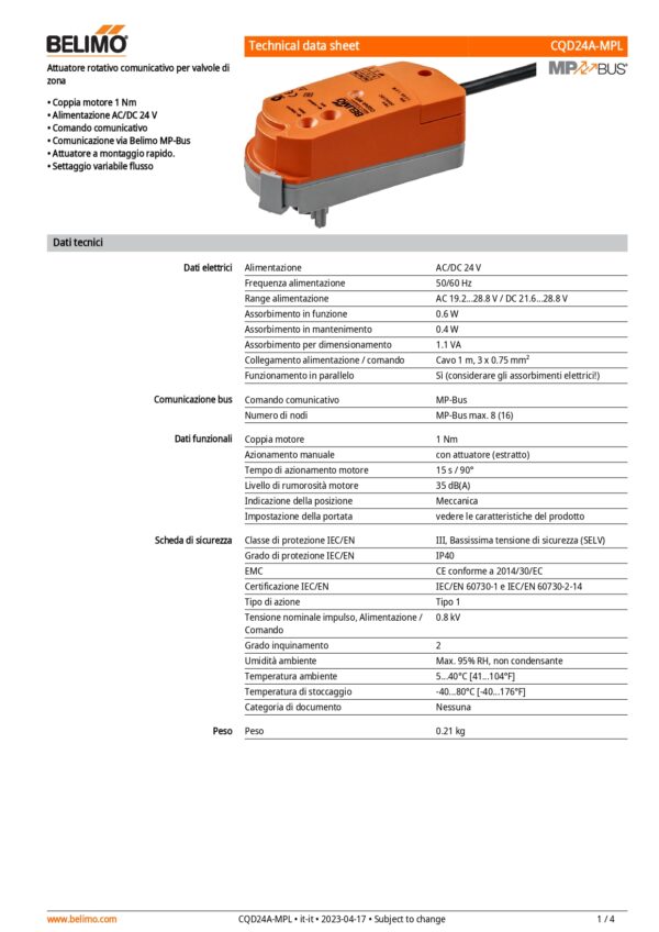 CQD24A-MPL Attuatore rotativo (ZoneTight), 1 Nm, AC/DC 24 V, MP-Bus, 15 s, IP40 - immagine 2