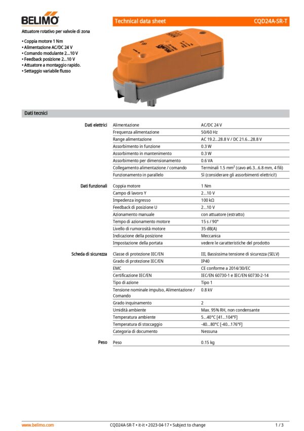 CQD24A-SR-T Attuatore rotativo (ZoneTight), 1 Nm, AC/DC 24 V, 2...10 V, 15 s, IP40, Terminali - immagine 2