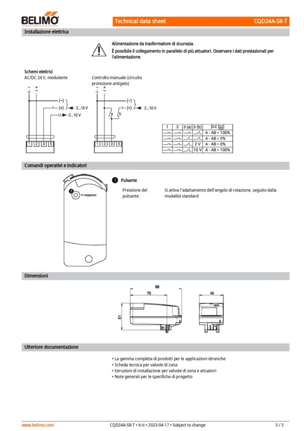 CQD24A-SR-T Attuatore rotativo (ZoneTight), 1 Nm, AC/DC 24 V, 2...10 V, 15 s, IP40, Terminali - immagine 4