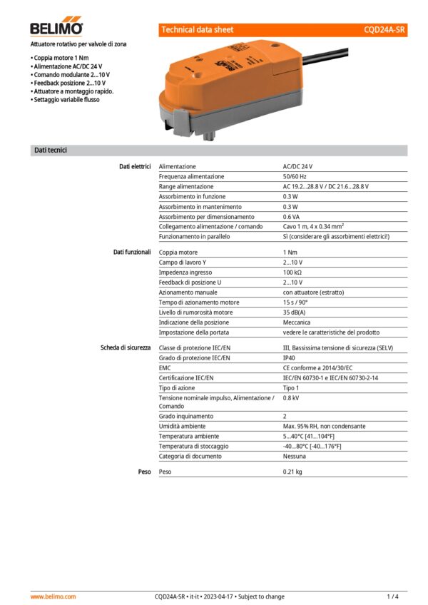 CQD24A-SR Attuatore rotativo (ZoneTight), 1 Nm, AC/DC 24 V, 2...10 V, 15 s, IP40 - immagine 2
