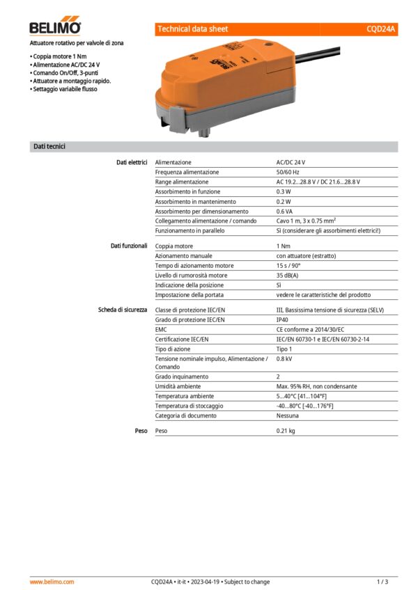 CQD24A Attuatore rotativo (ZoneTight), 1 Nm, AC/DC 24 V, On/Off, 3-punti, 15 s, IP40 - immagine 2