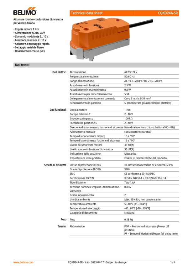 CQKD24A-SR Attuatore rotativo con funzione di sicurezza (ZoneTight) NC, 1 Nm, AC/DC 24 V, 2...10 V, 15 s, IP40 - immagine 2