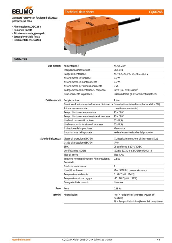 CQKD24A Attuatore rotativo con funzione di sicurezza (ZoneTight) NC, 1 Nm, AC/DC 24 V, On/Off, 15 s, IP40 - immagine 2