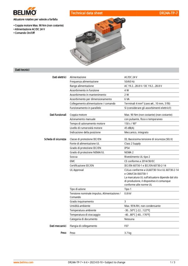 DR24A-TP-7 Attuatore rotativo, Max. 90 Nm (non costante) (non costante), AC/DC 24 V, On/Off, 150 s, IP54, F07, Terminali - immagine 2