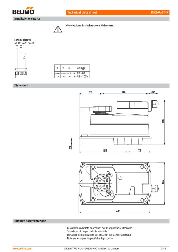 DR24A-TP-7 Attuatore rotativo, Max. 90 Nm (non costante) (non costante), AC/DC 24 V, On/Off, 150 s, IP54, F07, Terminali - immagine 4