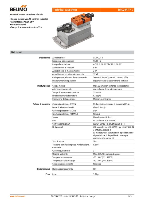 DRC24A-TP-7 Attuatore rotativo, Max. 90 Nm (non costante) (non costante), AC/DC 24 V, On/Off, 35 s, IP54, F07, Terminali - immagine 2