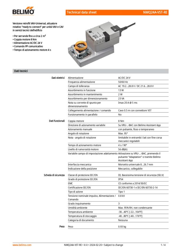 NMQ24A-VST-RE Attuatore rotativo per VRU, 8 Nm, AC/DC 24 V, 4 s, IP54, Retrofit - immagine 2