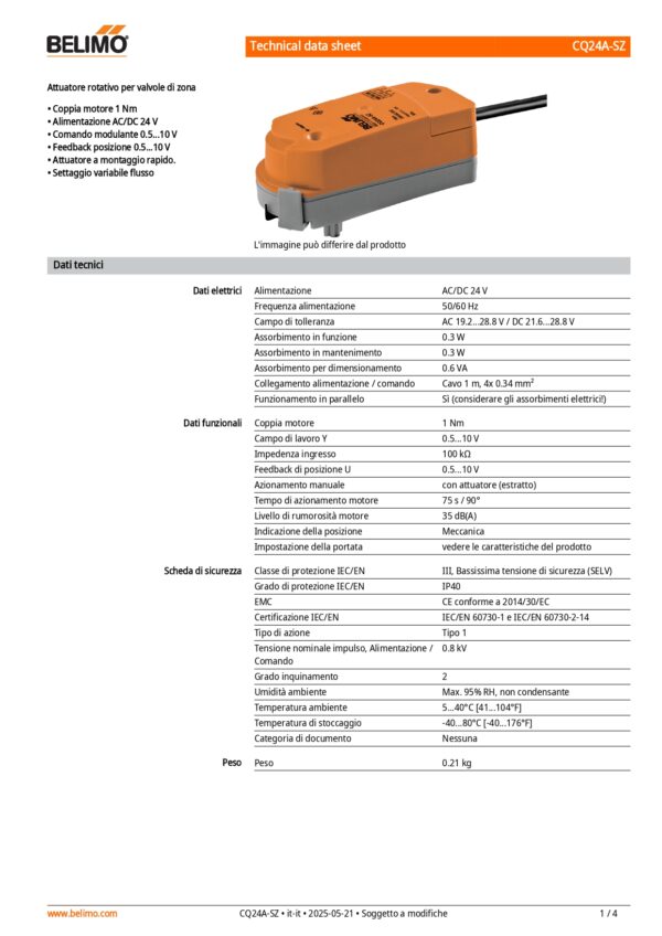 CQ24A-SZ Attuatore rotativo (ZoneTight), 1 Nm, AC/DC 24 V, 0.5...10 V, 75 s, IP40 - immagine 2